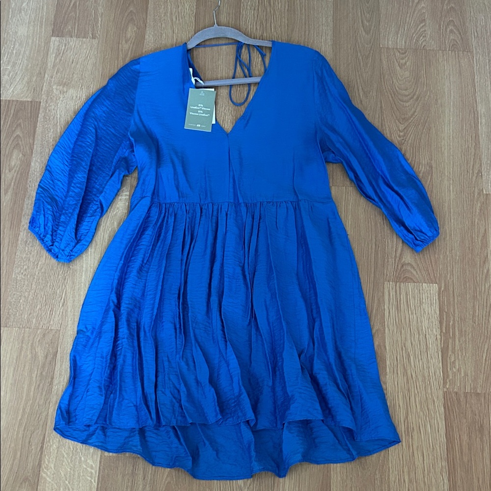 H&M Royal Blue V-Neck Puff Sleeve swing Dress, S